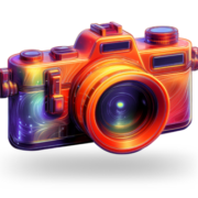 A vibrant, colorful camera icon with a glowing lens. A vibrant, colorful camera icon with a glowing lens.
