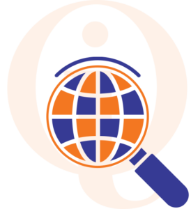 IQue Group mark with magnifying glass globe icon overlay