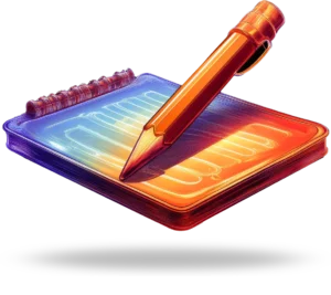 A Vibrant orange pencil on glowing spiral notebook.